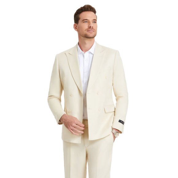 Linen Double Breasted 2pc Mens Suit, Tan - Picture 2 of 5
